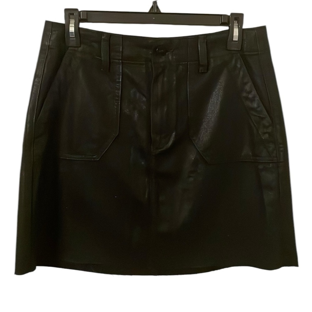 PAIGE | Women’s Black Faux Leather Diagonal Pocket Frayed Hem Mini Skirt Size 28
